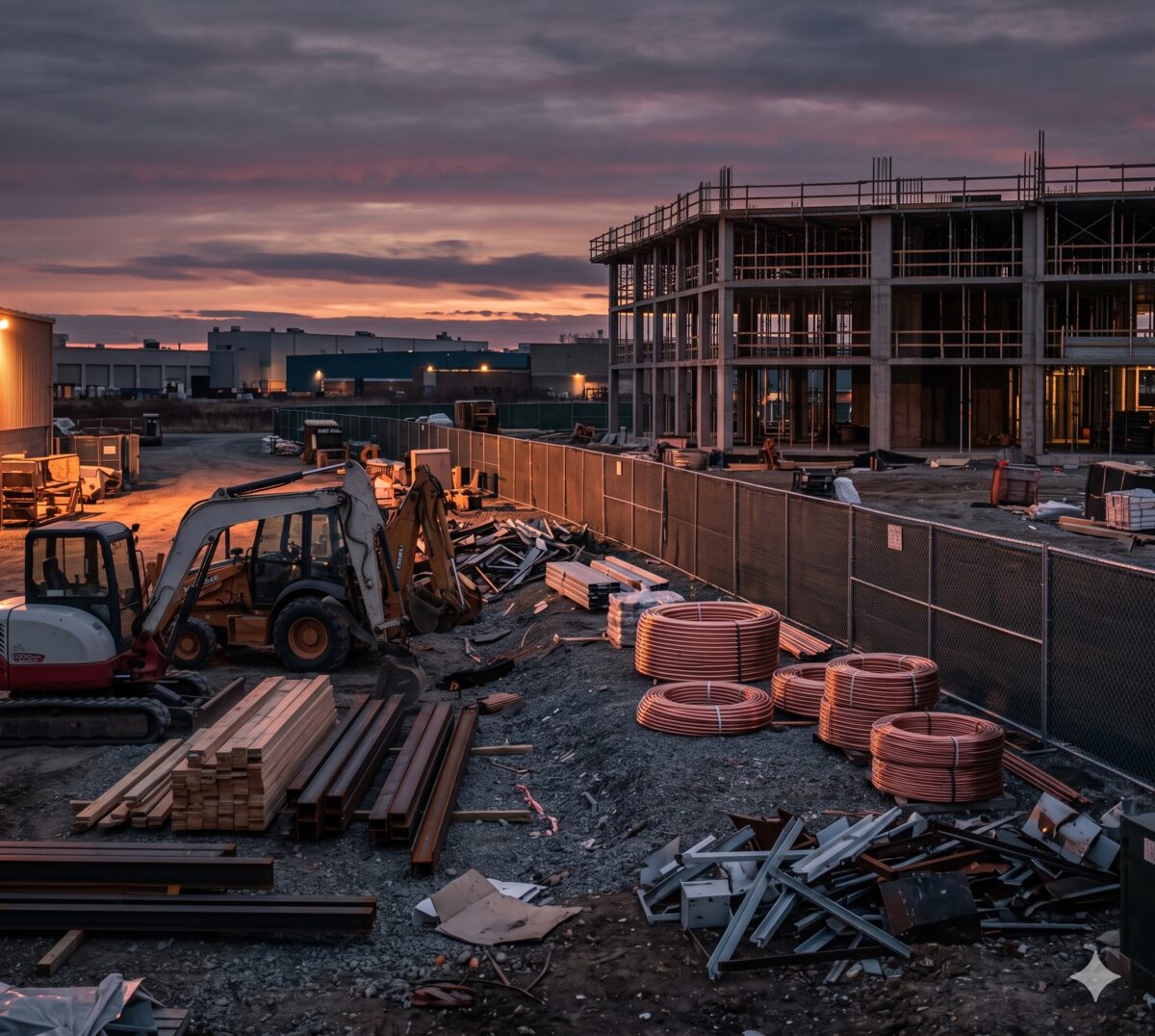 construction site at dusk — materials, copper, equipment exposed