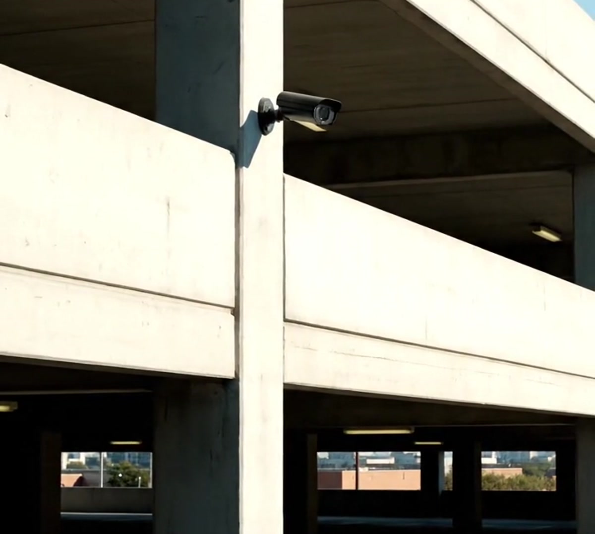 dim multi-level parking structure interior
